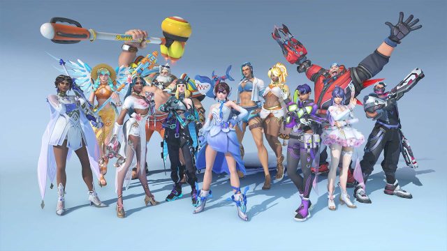 Held:innen aus „Overwatch 2“ mit Skins aus Season 18 vor blauem Hintergrund.