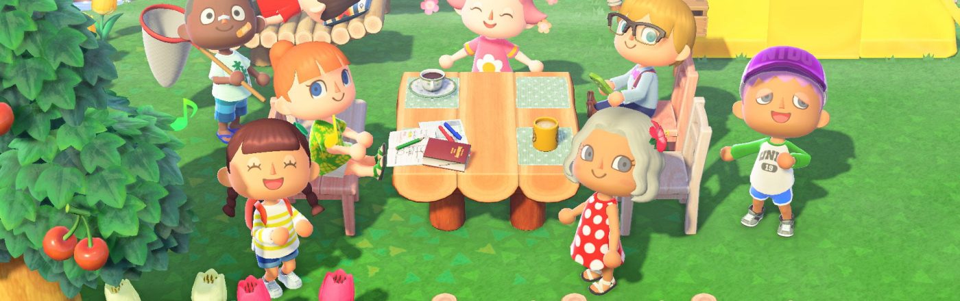 In dieser sommerlichen Szene aus Animal Crossing: New Horizons sitzen verschiedene Charaktere rund um einen Picknicktisch im Grünen. Einige unterhalten sich, andere entspannen in Liegestühlen oder halten ein Fangnetz in der Hand. Im Hintergrund steht ein gelbes Zelt. Die fröhliche Camp-Atmosphäre passt ideal zur Vorfreude auf Animal Crossing für die Switch 2.