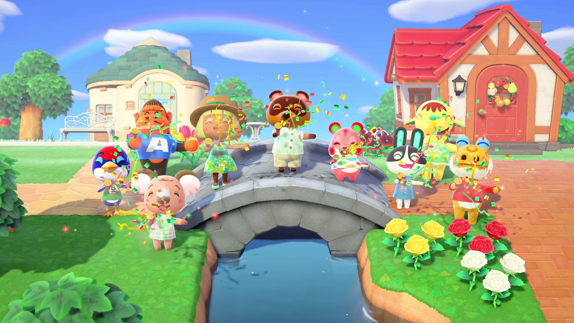 In dieser fröhlichen Szene aus Animal Crossing: New Horizons feiern tierische Dorfbewohner und der Spielercharakter auf einer Brücke unter einem Regenbogen. Konfetti fliegt durch die Luft, und bunte Häuser sowie Blumen schmücken den Hintergrund. Die fröhliche Stimmung spiegelt die Vorfreude auf Animal Crossing für die Switch 2 perfekt wider.