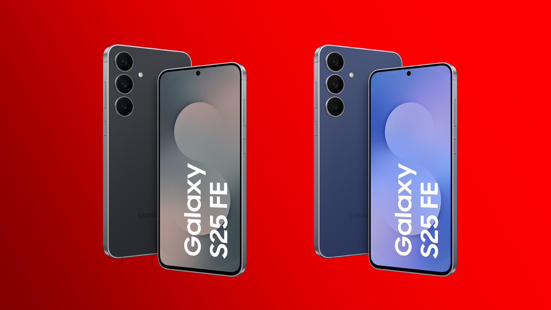 Das Samsung Galaxy S25 FE wird hier in zwei Farbvarianten präsentiert: links in Schwarz, rechts in Blau. Beide Geräte sind jeweils von vorn und von hinten zu sehen.