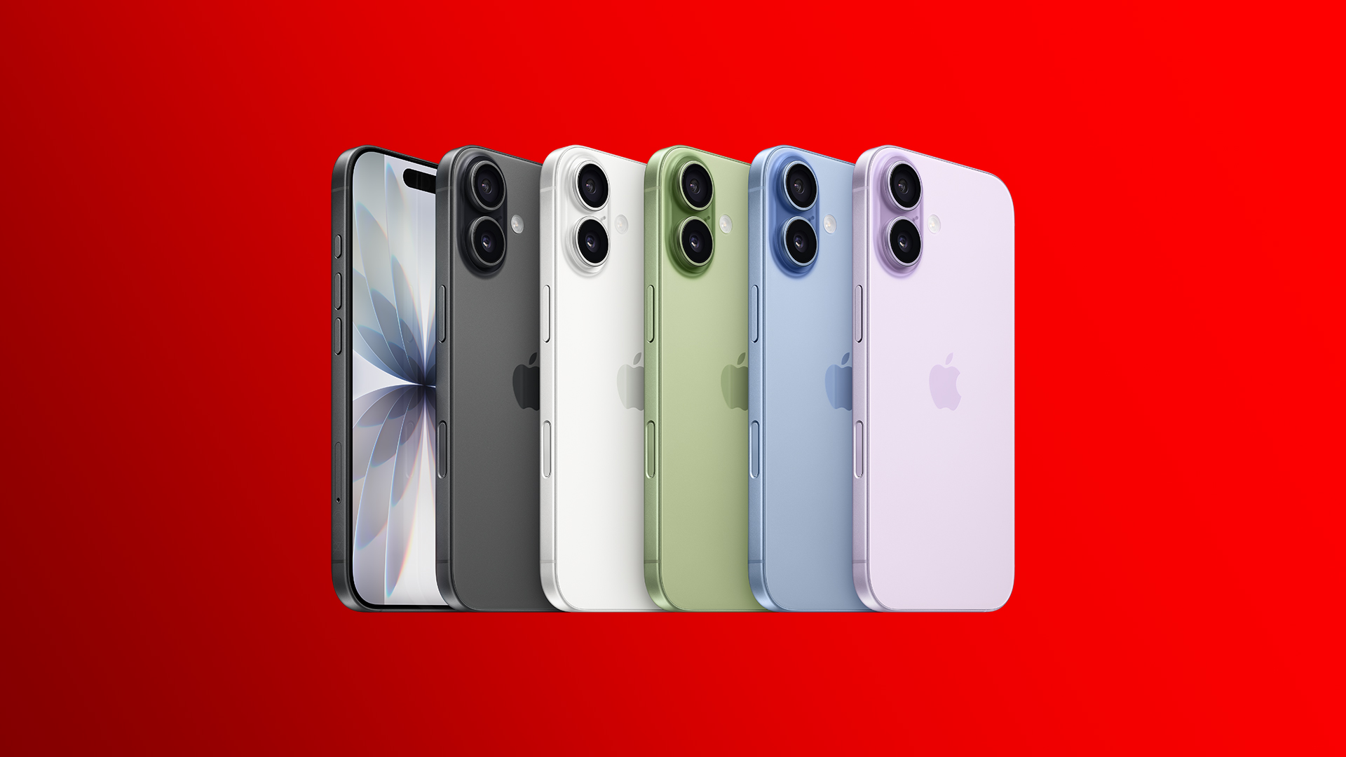 Auf dem Bild in dem Artikel zur neuen iPhone 17-Serie sind alle Farbvarianten des iPhone 17 nebeneinander aufgereiht vor einem kräftigen roten Hintergrund zu sehen.