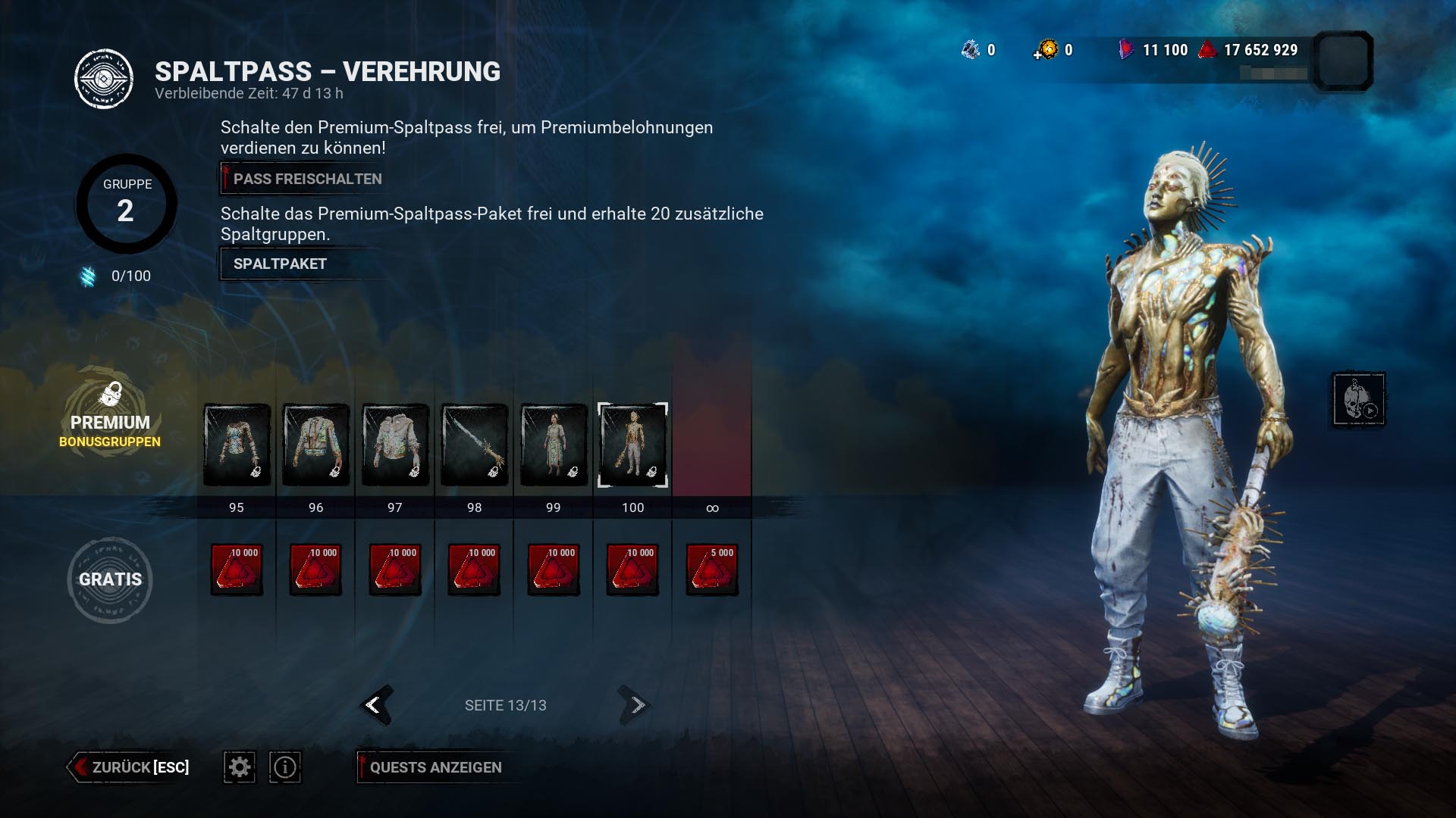 Übersicht der Belohnungen des Spaltpass Reverence in „Dead by Daylight“.