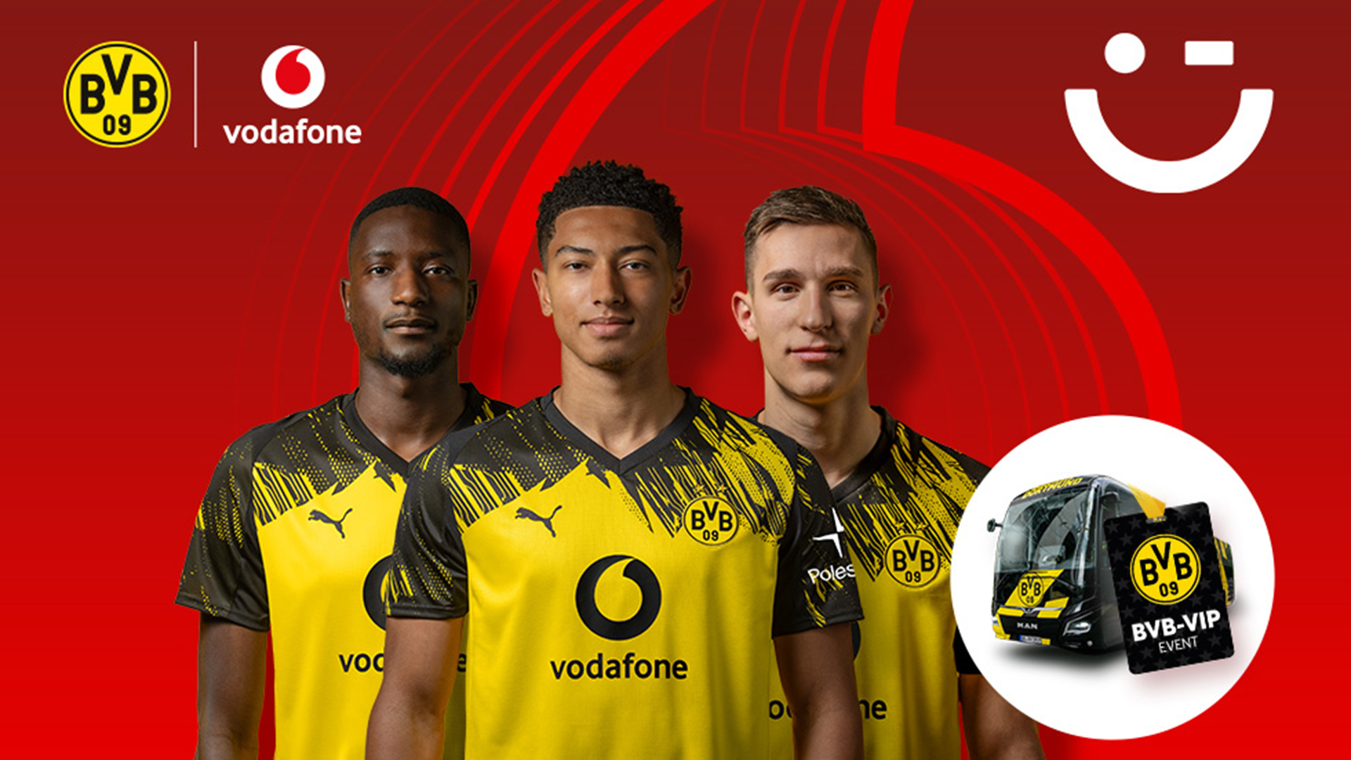Auf dem Bild zum BVB-Gewinnspiel von Vodafone Happy stehen drei BVB-Spieler in gelb-schwarzen Trikots mit Vodafone-Logo vor einem roten Hintergrund. Rechts im Bild ist ein Kreis mit einem BVB-Mannschaftsbus und einer VIP-Karte zu sehen. 