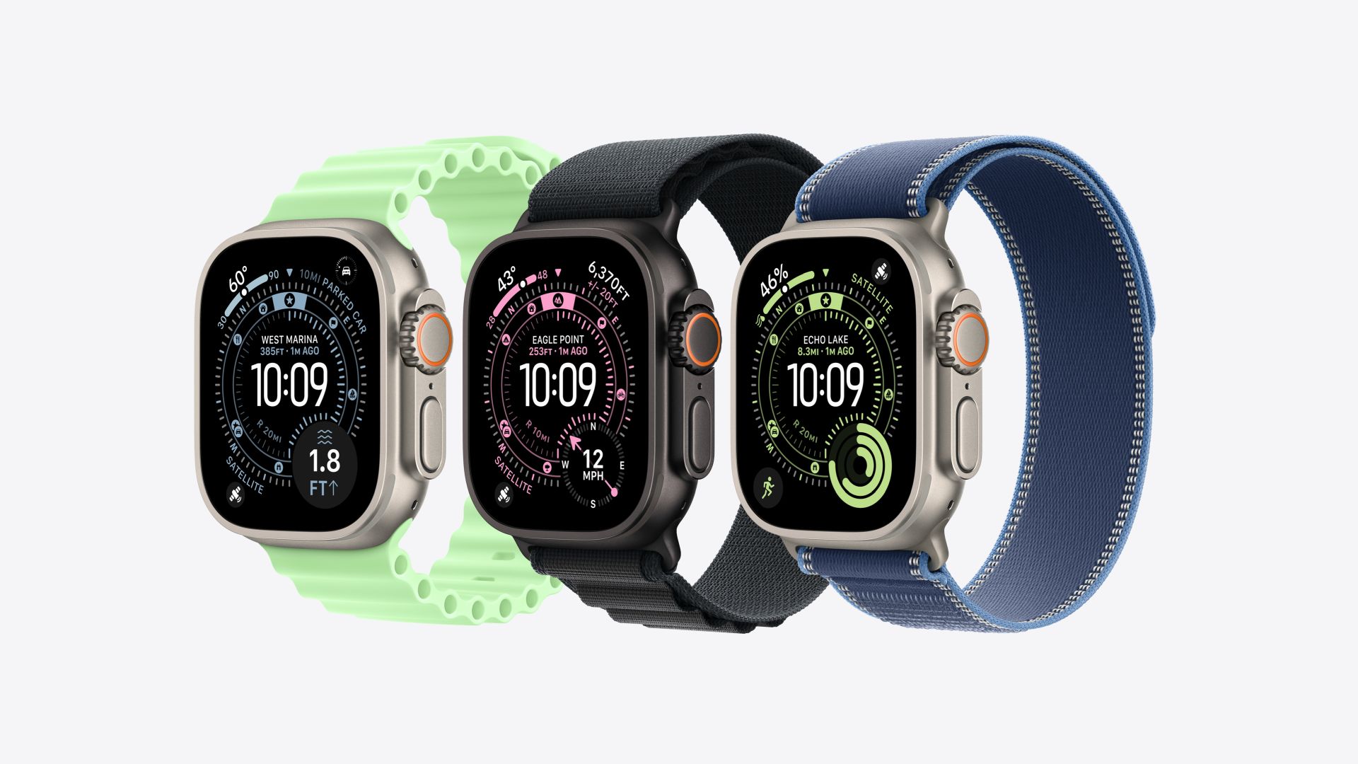 Drei neue Armbänder für die Apple Watch Ultra 3 sind nebeneinander zu sehen.