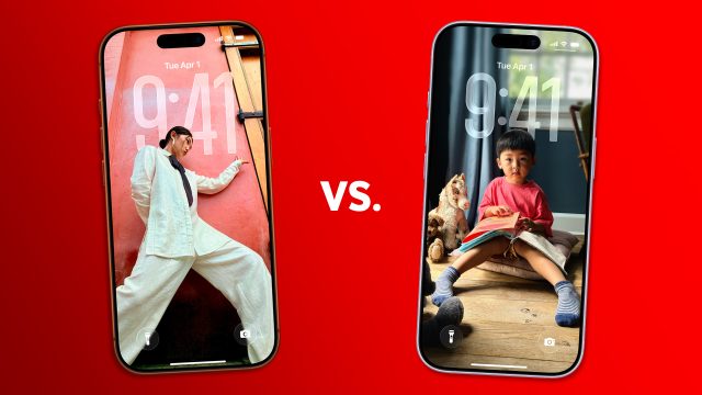 Das iPhone 17 und das iPhone 17 Pro nebeneinander, vor rotem Hintergrund.