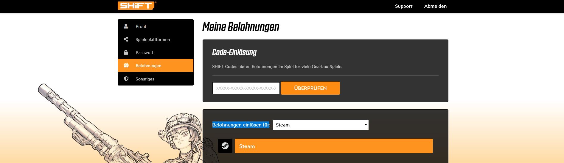 Die Shift-Webseite, auf der Codes für Borderlands 4 eingelöst werden können.