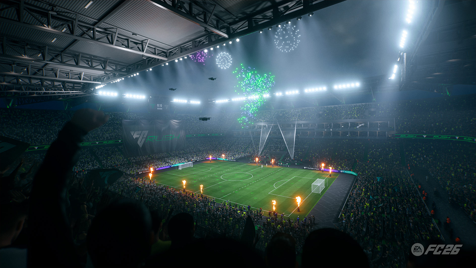 Auf dem Bild in dem Artikel zu den EA FC 26-Tipps ist ein volles Fußballstadion zu sehen. Hunderte Fans feiern eine Eröffnungsshow, während das Spielfeld hell erleuchtet ist. Das Bild stammt aus dem Game.