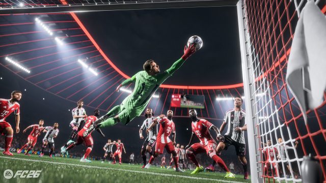 Auf dem Bild in dem Artikel zu den EA FC 26-Tipps fliegt der Torwart des FC Bayern München in grünem Trikot zur Seite, um einen Schuss abzuwehren. Um ihn herum sind Spieler von Bayern und Juventus Turin zu sehen. Das Bild stammt aus dem Game.