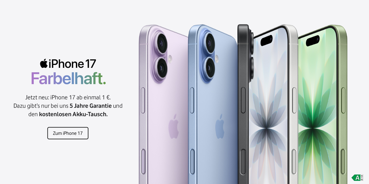 Mehrere Modelle des iPhone 17 in verschiedenen Farben mit dem Schriftzug Farbelhaft