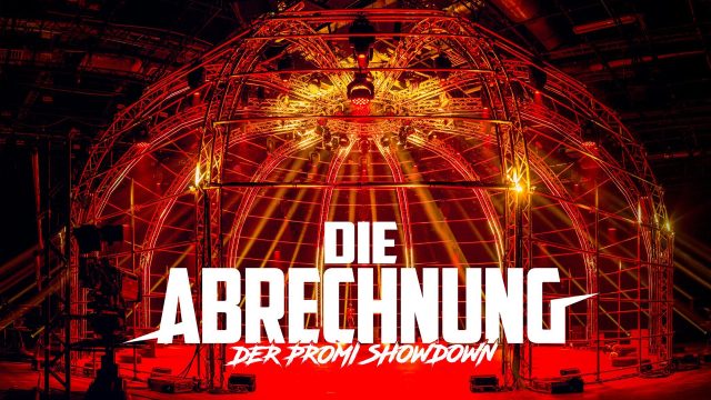 Auf dem Bild zur TV-Show Die Abrechnung – Der Promi-Showdown ist ein imposantes, kuppelförmiges Konstrukt zu sehen, das rot beleuchtet wird. Im Vordergrund steht groß das Logo mit dem Titel Die Abrechnung – Der Promi-Showdown.