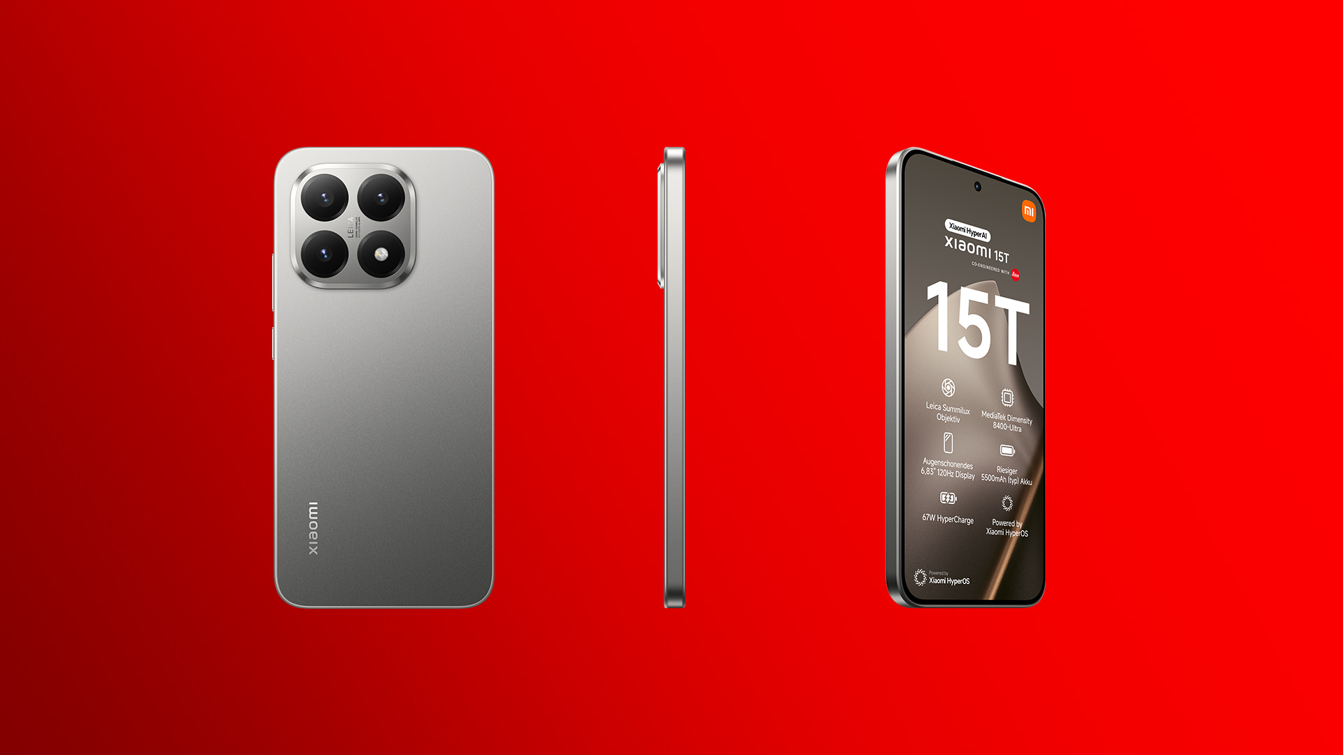 Auf dem Bild ist das Xiaomi 15T in Gray von drei Perspektiven aus zu sehen.