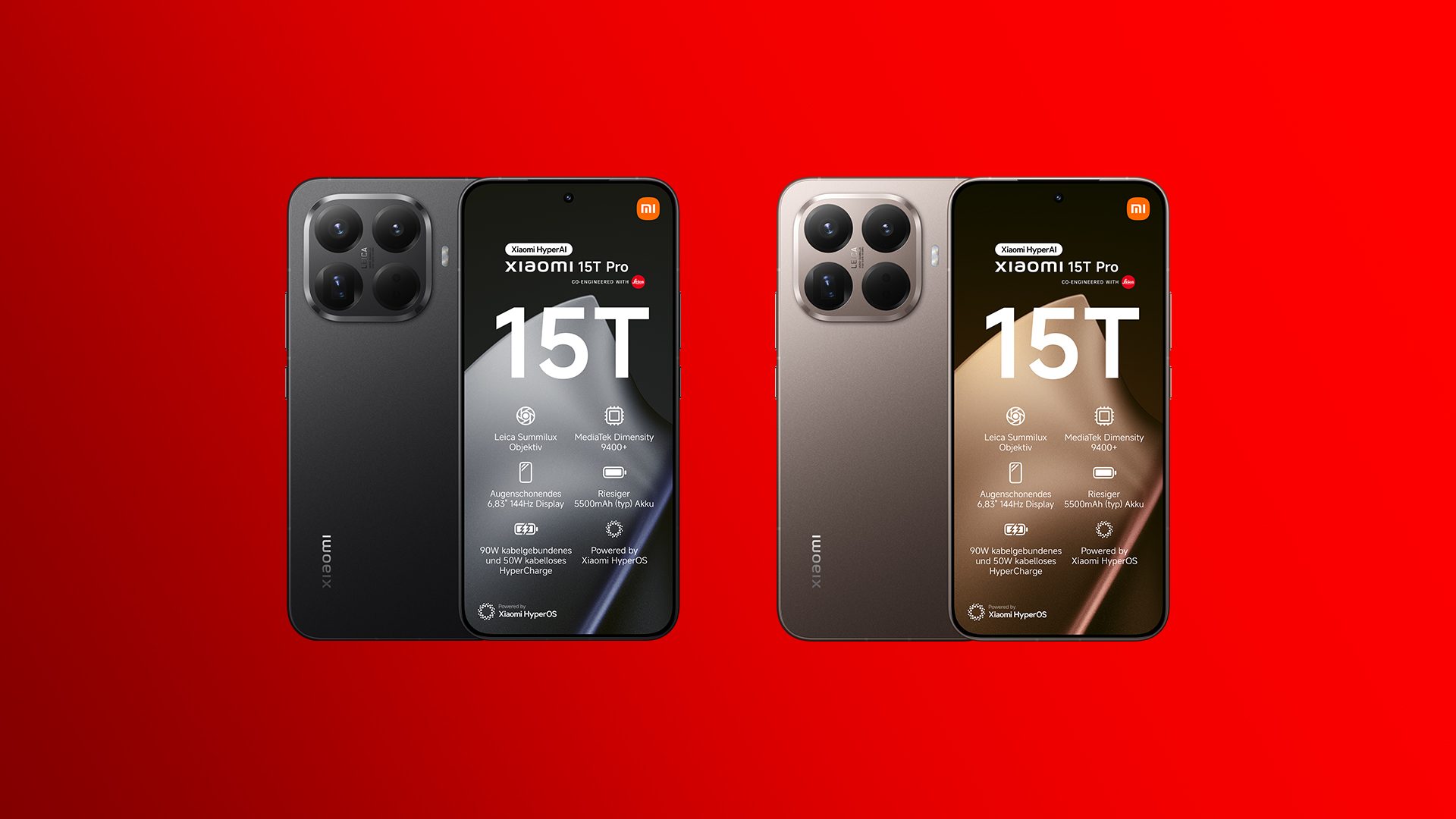 Auf dem Bild ist zwei Mal das Xiaomi 15T Pro, einmal in Black und einmal in Mocha Gold zu sehen.