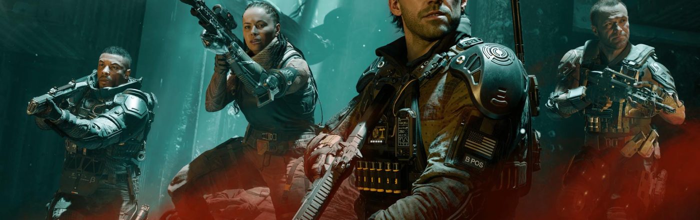 Vier bewaffnete Soldat:innen in futuristischen Rüstungen aus „Call of Duty: Black Ops 7“ stehen in einer düsteren Umgebung.
