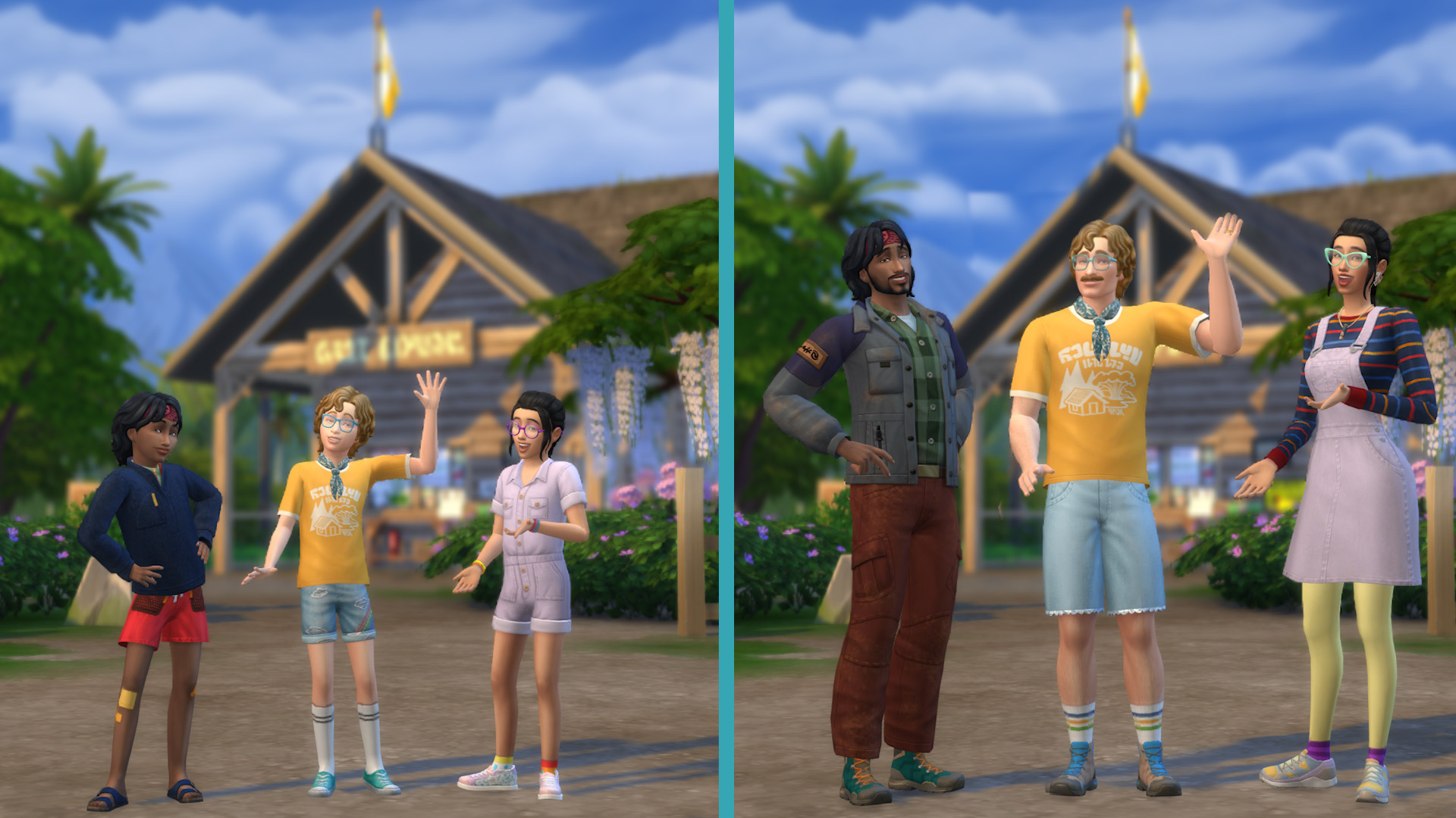 Auf diesem Bild aus Die Sims 4 Auf ins Abenteuer! posieren drei Kinder-Sims und drei Erwachsene-Sims vor einem Holzgebäude.