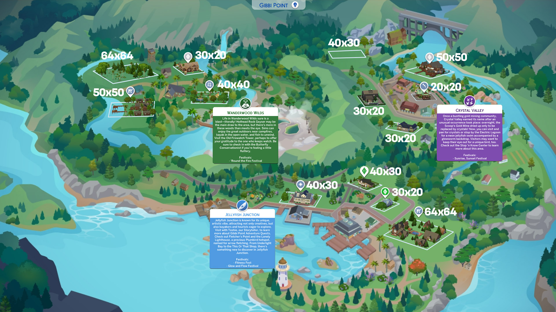 Die Übersichtskarte aus Die Sims 4 Auf ins Abenteuer! zeigt drei spielbare Regionen – Wanderwood Wilds, Crystal Valley und Jellyfish Junction.