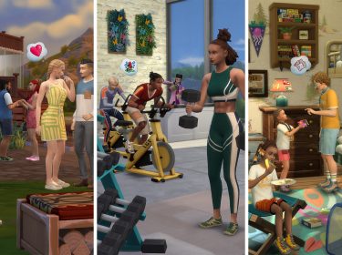 Das Bild zu Die Sims 4 Auf ins Abenteuer! zeigt drei Alltagsszenen: links unterhalten sich Sims in legerer Outdoor-Kleidung, in der Mitte trainieren sie im modernen Fitnessstudio und rechts spielen Sims-Kinder in einem Raum.