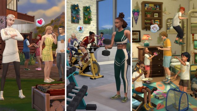 Das Bild zu Die Sims 4 Auf ins Abenteuer! zeigt drei Alltagsszenen: links unterhalten sich Sims in legerer Outdoor-Kleidung, in der Mitte trainieren sie im modernen Fitnessstudio und rechts spielen Sims-Kinder in einem Raum.