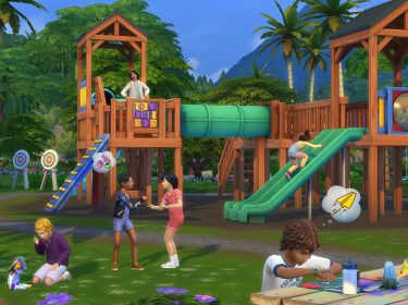 Das Bild aus Die Sims 4 Auf ins Abenteuer! zeigt einen Spielplatz. Sims-Kinder rutschen, basteln, schaukeln oder interagieren miteinander.