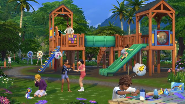 Das Bild aus Die Sims 4 Auf ins Abenteuer! zeigt einen Spielplatz. Sims-Kinder rutschen, basteln, schaukeln oder interagieren miteinander.