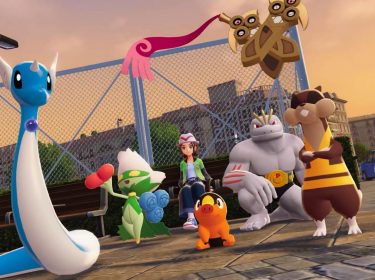 Screenshot eines weiblichen Spielcharakters, Dragonir, Roserade, Floink, Machomei, Kukmarda und Duokles aus „Pokémon-Legenden: Z-A“.