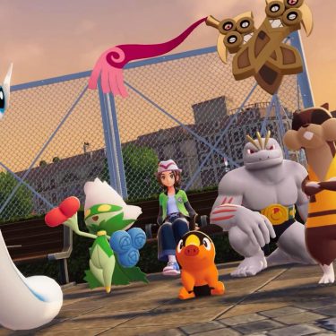 Screenshot eines weiblichen Spielcharakters, Dragonir, Roserade, Floink, Machomei, Kukmarda und Duokles aus „Pokémon-Legenden: Z-A“.