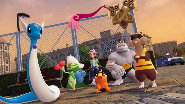 Screenshot eines weiblichen Spielcharakters, Dragonir, Roserade, Floink, Machomei, Kukmarda und Duokles aus „Pokémon-Legenden: Z-A“.