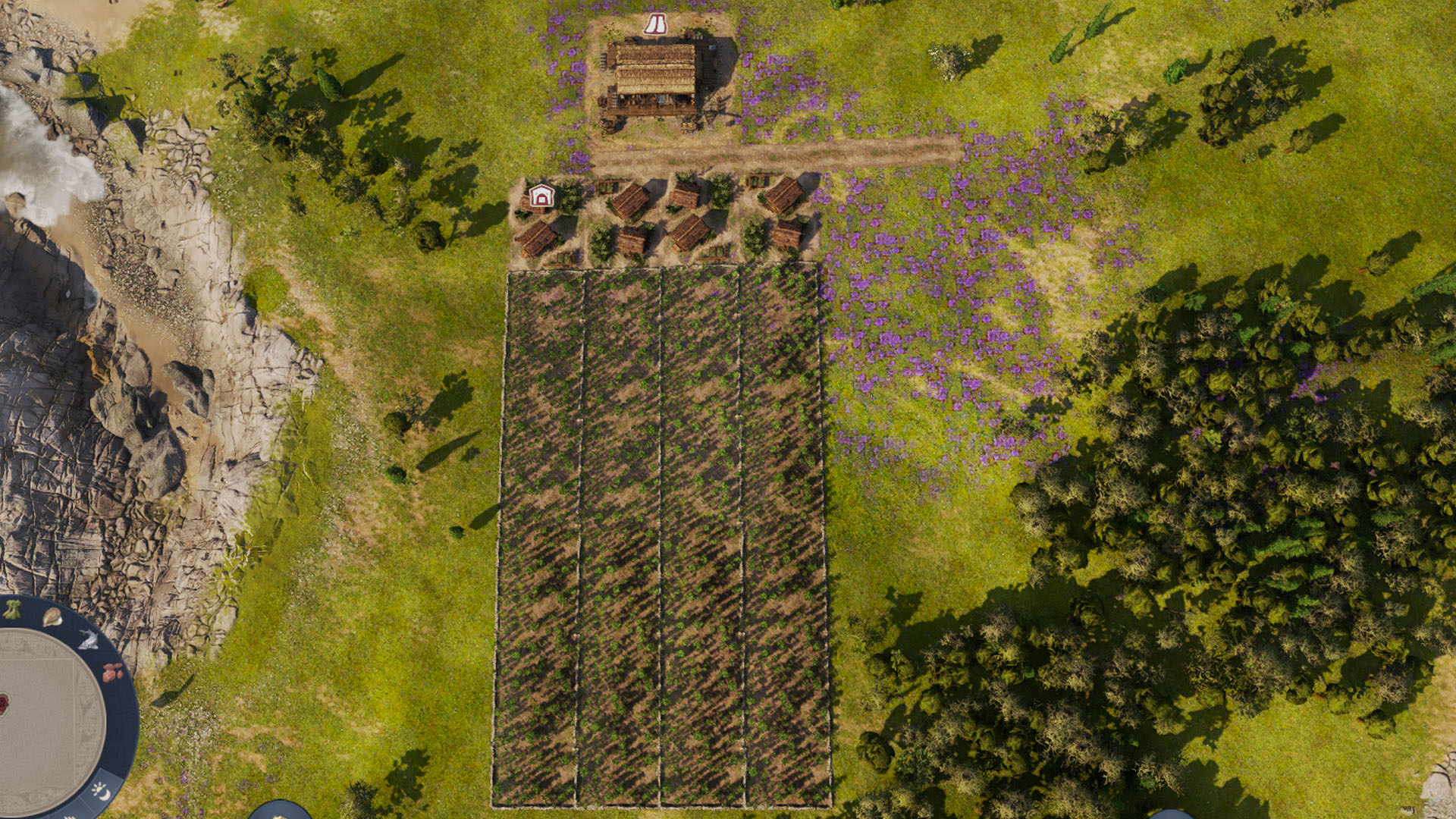 Ein Layout bestehend aus vier Hanfhöfen und einem Lagerhaus in „Anno 117: Pax Romana“.