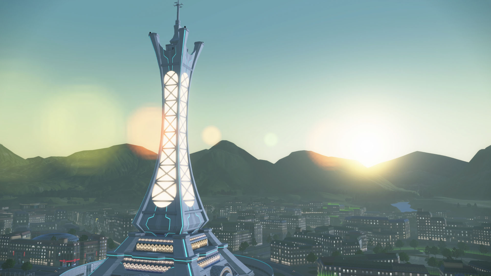 Das Bild in dem Artikel zu den „Pokémon-Legenden: Z-A“-Tipps zeigt einen Turm in der Mitte einer Stadtlandschaft bei Sonnenaufgang.