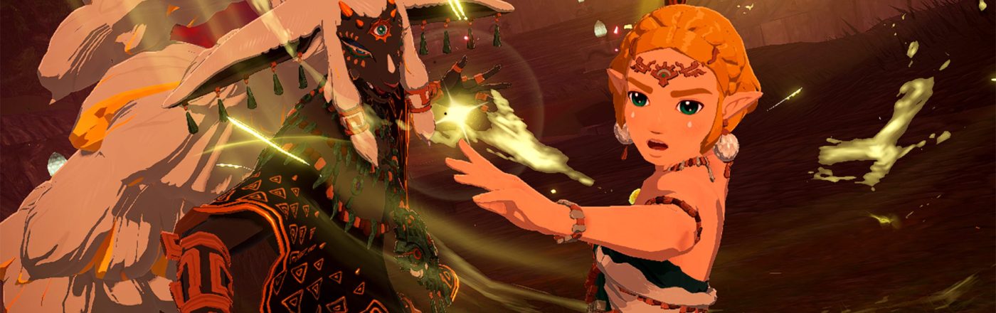 Auf diesem Bild aus Hyrule Warriors: Chronik der Versiegelung stehen Prinzessin Zelda und König Rauru Seite an Seite inmitten eines magischen Angriffs. Zelda streckt entschlossen die Hand nach vorn, ihre Augen voller Konzentration. Rauru wirkt mächtig und beschwört Energie mit erhobener Hand. Die Szene leuchtet in Goldtönen – ideal für Hyrule Warriors: Chronik der Versiegelung Tipps.