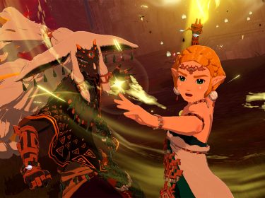 Auf diesem Bild aus Hyrule Warriors: Chronik der Versiegelung stehen Prinzessin Zelda und König Rauru Seite an Seite inmitten eines magischen Angriffs. Zelda streckt entschlossen die Hand nach vorn, ihre Augen voller Konzentration. Rauru wirkt mächtig und beschwört Energie mit erhobener Hand. Die Szene leuchtet in Goldtönen – ideal für Hyrule Warriors: Chronik der Versiegelung Tipps.
