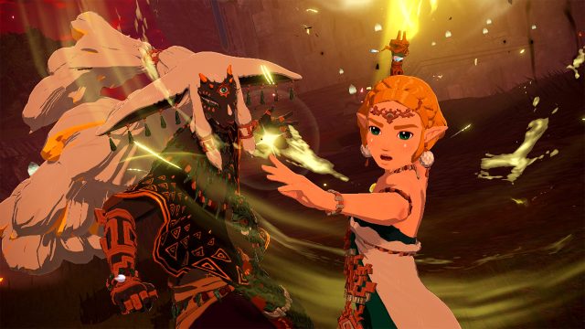 Auf diesem Bild aus Hyrule Warriors: Chronik der Versiegelung stehen Prinzessin Zelda und König Rauru Seite an Seite inmitten eines magischen Angriffs. Zelda streckt entschlossen die Hand nach vorn, ihre Augen voller Konzentration. Rauru wirkt mächtig und beschwört Energie mit erhobener Hand. Die Szene leuchtet in Goldtönen – ideal für Hyrule Warriors: Chronik der Versiegelung Tipps.