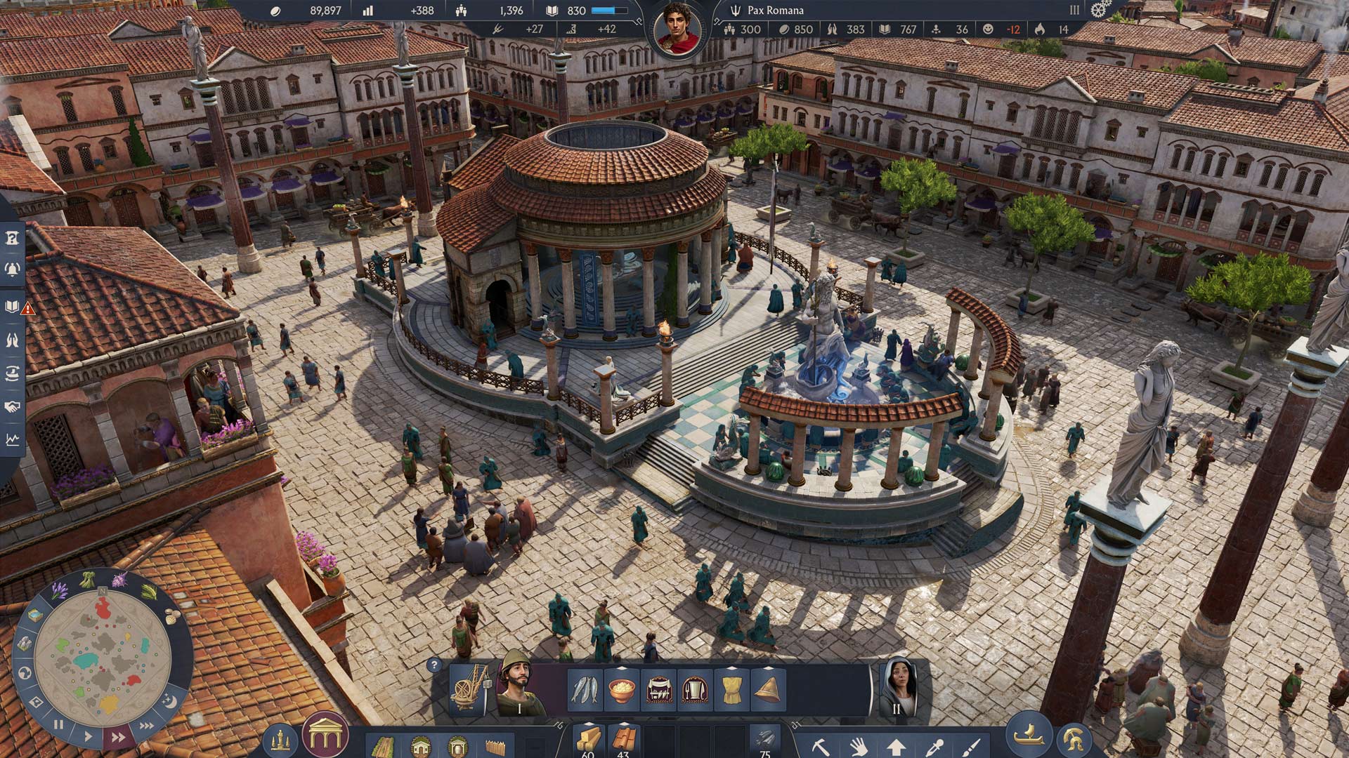 Im Zentrum des Screenshots aus Anno 117: Pax Romana steht ein prachtvoller römischer Tempel mit Säulenhalle und Kuppeldach. Davor befindet sich ein kunstvoll gestalteter Brunnen mit Statue, umgeben von Bürger:innen und Marktständen. Die umliegenden Gebäude zeigen detailreiche Architektur mit Arkaden und Terrakottadächern.