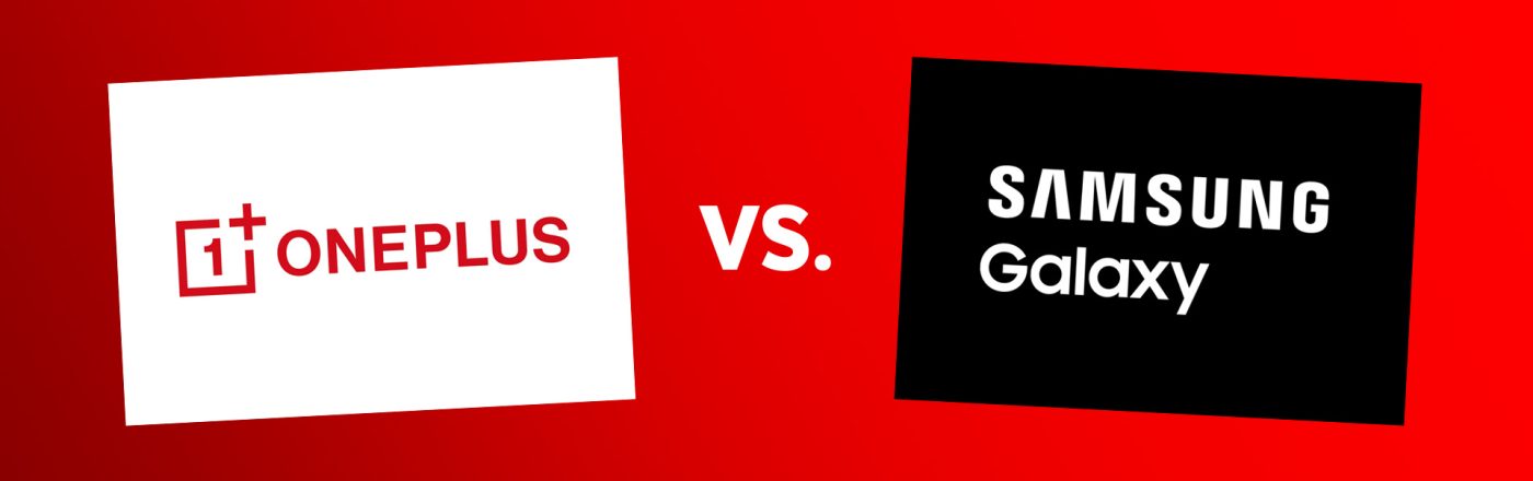 Die Logos von OnePlus und Samsung Galaxy sind nebeneinander zu sehen.