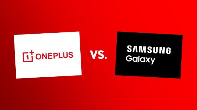 Die Logos von OnePlus und Samsung Galaxy sind nebeneinander zu sehen.