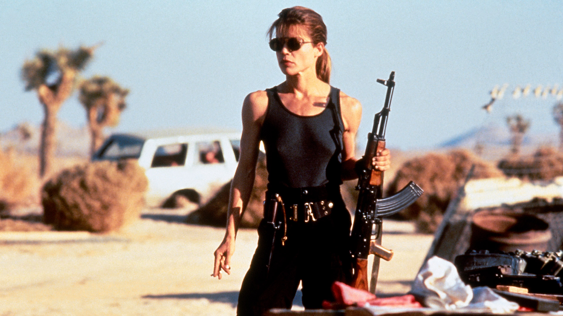 Auf dem Bild aus Terminator 2: Tag der Abrechnung ist Linda Hamilton als Sarah Connor zu sehen – bewaffnet, muskulös und entschlossen. In einem schwarzen Tanktop und mit Sonnenbrille steht sie in der Wüste, bereit zum Kampf. Sie verkörpert eine der stärksten weiblichen Actionhelden der 80er und 90er.