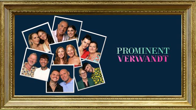 In der Collage zur Sendung Prominent verwandt sind alle prominenten Teilnehmer:innen mit ihren Angehörigen zu sehen – daneben steht der Showtitel.
