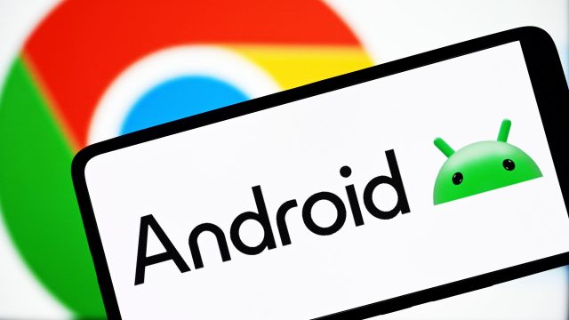 Das Logo von Android ist auf einem Handy zu sehen.