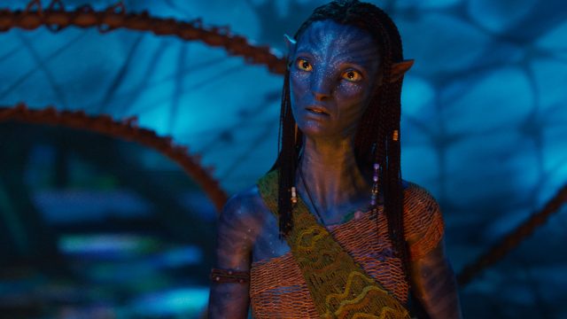 Im Bild aus Avatar: Fire and Ash ist Neytiri, gespielt von Zoe Saldana, in einer nachdenklichen Pose zu sehen. Ihr Gesichtsausdruck ist ernst und wachsam, während sie in einer leuchtend-blauen Umgebung steht. Ihre traditionelle Kleidung und die Zopffrisur unterstreichen ihre kulturelle Identität.