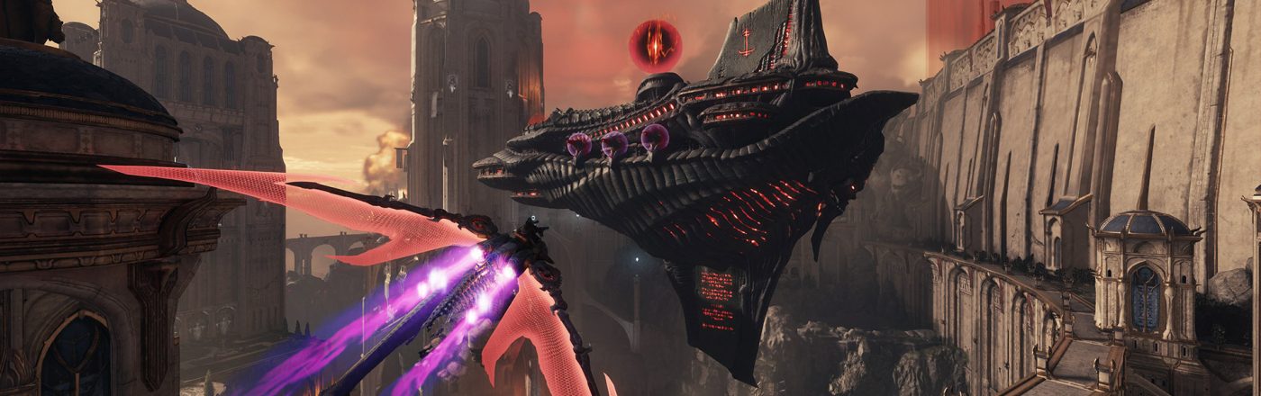 In diesem Screenshot aus Doom: The Dark Ages, einem düsteren Fantasy-Shooter, fliegt der Spielercharakter auf einem dämonischen Drachen mit leuchtend roten Flügeln durch eine finstere, gotisch anmutende Stadtlandschaft. Ein riesiges, schwebendes Höllenschiff mit glühenden Augen dominiert den Himmel. Die Szene zeigt eindrucksvoll, warum das Spiel zu den besten Games 2025 zählt.