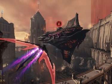 In diesem Screenshot aus Doom: The Dark Ages, einem düsteren Fantasy-Shooter, fliegt der Spielercharakter auf einem dämonischen Drachen mit leuchtend roten Flügeln durch eine finstere, gotisch anmutende Stadtlandschaft. Ein riesiges, schwebendes Höllenschiff mit glühenden Augen dominiert den Himmel. Die Szene zeigt eindrucksvoll, warum das Spiel zu den besten Games 2025 zählt.