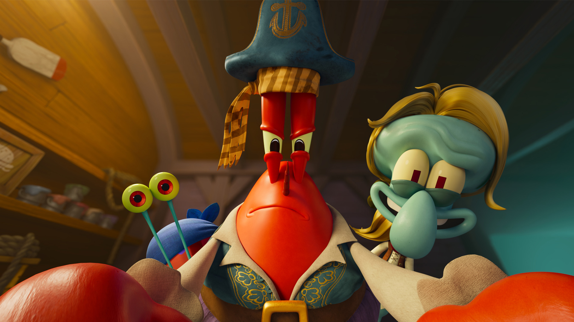 Das Bild zum Keyword SpongeBob Synchronsprecher zeigt eine Szene auf einem Piratenschiff mit Mr. Krabs in der Mitte, ernst blickend und mit Matrosenhut. Seine deutsche Stimme stammt von Axel Lutter. Rechts neben ihm steht Thaddäus mit blondem Haar und einem auffälligen Lächeln. Links ist die Schnecke Gary mit neugierigem Blick zu sehen. Die Stimmung ist gespannt, aber humorvoll.