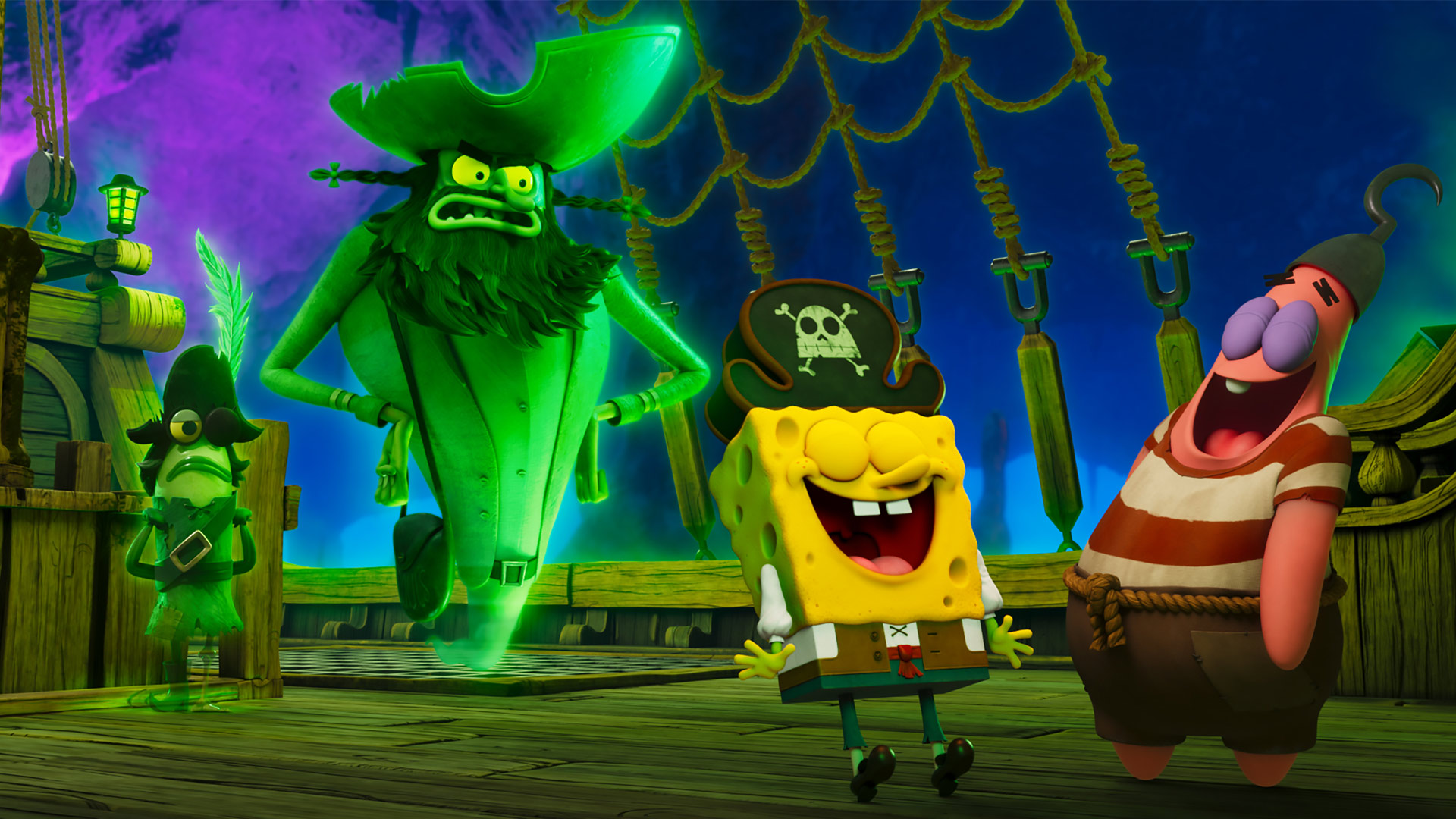 Das Bild zum Keyword SpongeBob Synchronsprecher zeigt eine humorvolle Szene auf einem Piratenschiff. Im Zentrum steht SpongeBob mit Piratenhut, gesprochen von Santiago Ziesmer, lachend neben seinem Freund Patrick. Rechts schwebt der Fliegende Holländer mit grimmigem Blick, gesprochen von Hans-Georg Panczak. Links im Bild ist Barb mit Augenklappe zu sehen, vertont von Tanja Geke. Die Stimmung ist verspielt und farbenfroh.