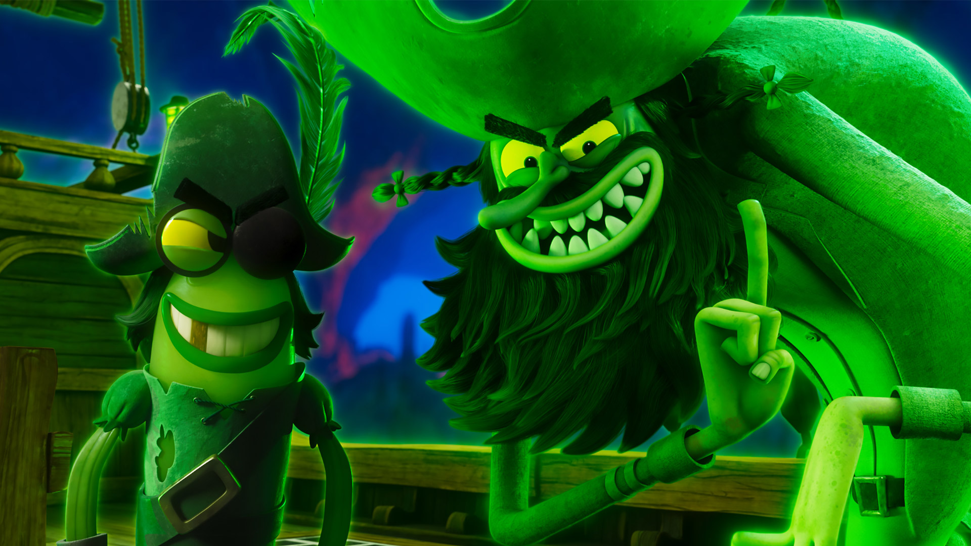 Auf dem Bild mit dem Keyword SpongeBob Synchronsprecher sind zwei animierte Piratencharaktere aus der SpongeBob-Welt zu sehen. Rechts steht der Fliegende Holländer mit wildem Bart und großer Hut, gesprochen von Hans-Georg Panczak. Links daneben Barb mit Augenklappe und verschmitztem Lächeln, gesprochen von Tanja Geke. Die Szene ist leuchtend grün und spielt auf einem Piratenschiff.