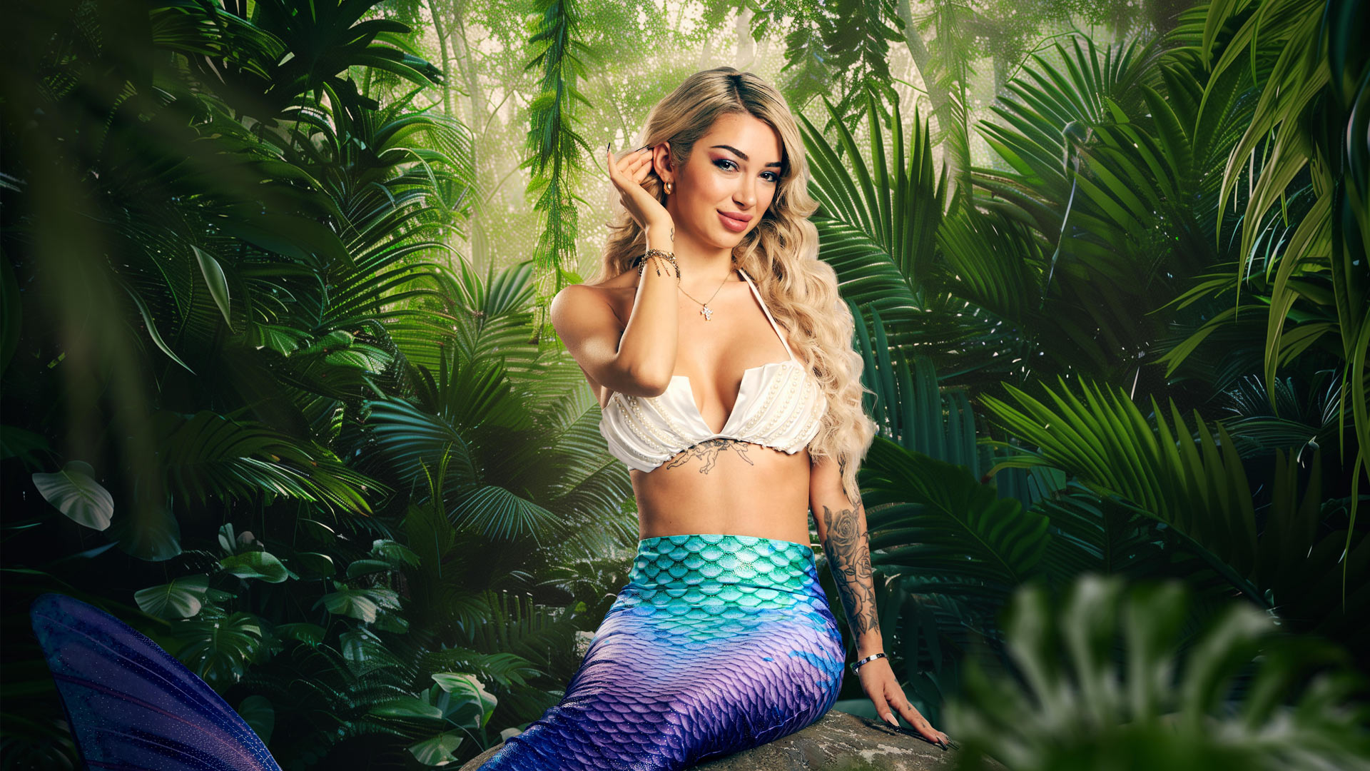 Auf dem Bild zum Dschungelcamp 2026 ist Teilnehmerin Ariel in einer fantasievollen Meerjungfrauen-Verkleidung zu sehen. Sie sitzt auf einem Felsen im Dschungel, trägt ein Muschel-Bikini-Top und eine schimmernde Fischschwanzflosse in Blau-Lila. Mit lockigem, blondem Haar und einem sanften Lächeln wirkt sie verspielt und selbstbewusst vor tropischem Hintergrund.