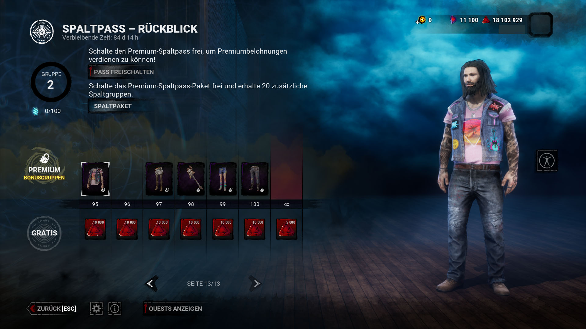 Übersicht der Belohnungen des Spaltpass Rückblick in „Dead by Daylight“.