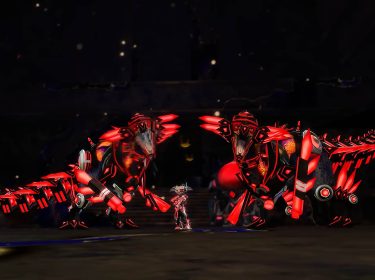 Ein:e Spieler:in und zwei Tech-Dinos aus dem Spiel „Guild Wars 2“.