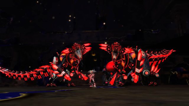 Ein:e Spieler:in und zwei Tech-Dinos aus dem Spiel „Guild Wars 2“.