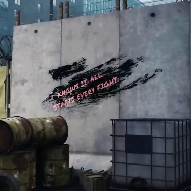 Ein Graffiti an einer Wand aus der Quest „Frag Deine Mama“ in „Quarantine Zone: The Last Check“.