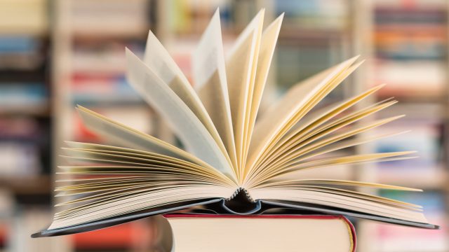 Ein aufgeschlagenes Buch liegt auf einem weiteren geschlossenen Buch, die Seiten blättern leicht nach oben. Im Hintergrund sind unscharf viele weitere Bücher zu erkennen, was eine ruhige und konzentrierte Lesestimmung erzeugt. Dieses Symbolbild eignet sich zur Illustration der The Games Gods Play-Reihenfolge.