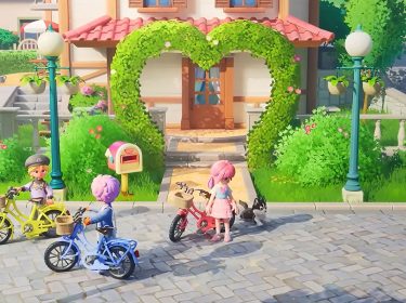 Drei Spielende vor einem Haus in „Heartopia“.